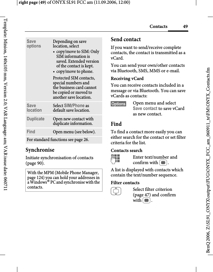 Page 49 of BenQ Mobile and OHG SL91 GSM 900/1800/1900, UMTS Mobile Phone with BT User Manual ONYX FUG