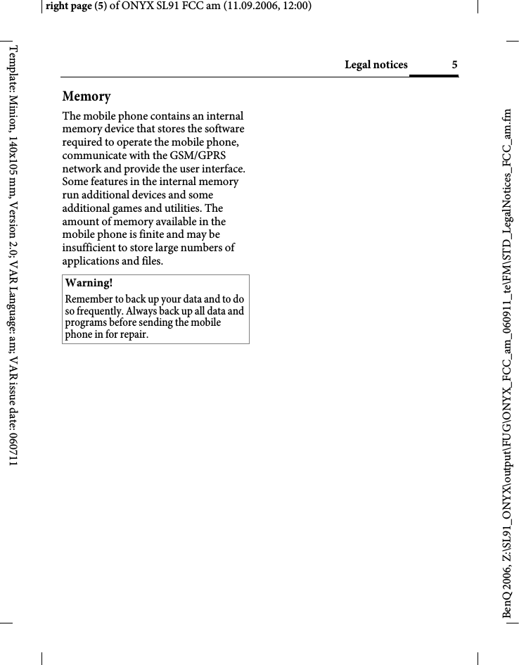 Page 5 of BenQ Mobile and OHG SL91 GSM 900/1800/1900, UMTS Mobile Phone with BT User Manual ONYX FUG