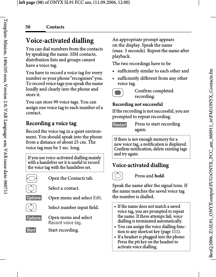 Page 50 of BenQ Mobile and OHG SL91 GSM 900/1800/1900, UMTS Mobile Phone with BT User Manual ONYX FUG