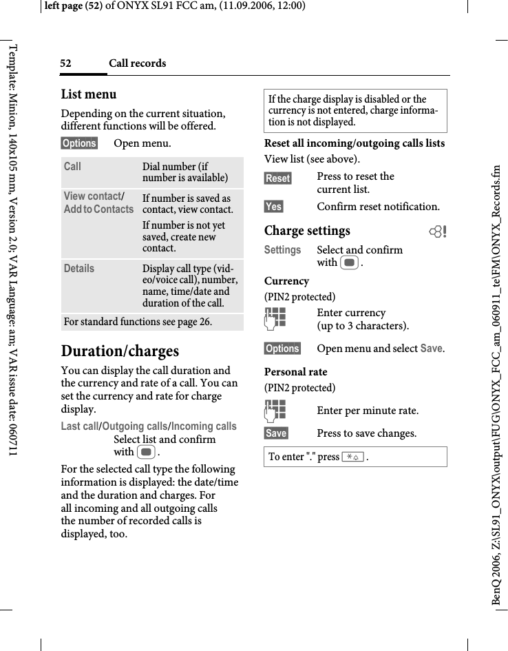 Page 52 of BenQ Mobile and OHG SL91 GSM 900/1800/1900, UMTS Mobile Phone with BT User Manual ONYX FUG