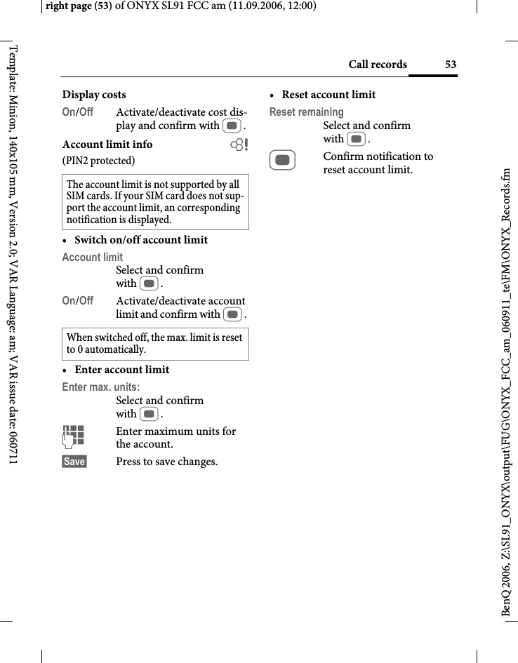 Page 53 of BenQ Mobile and OHG SL91 GSM 900/1800/1900, UMTS Mobile Phone with BT User Manual ONYX FUG