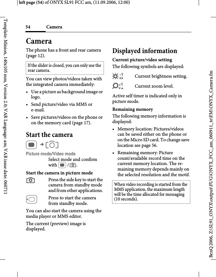 Page 54 of BenQ Mobile and OHG SL91 GSM 900/1800/1900, UMTS Mobile Phone with BT User Manual ONYX FUG