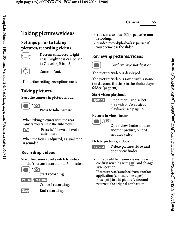 Page 55 of BenQ Mobile and OHG SL91 GSM 900/1800/1900, UMTS Mobile Phone with BT User Manual ONYX FUG