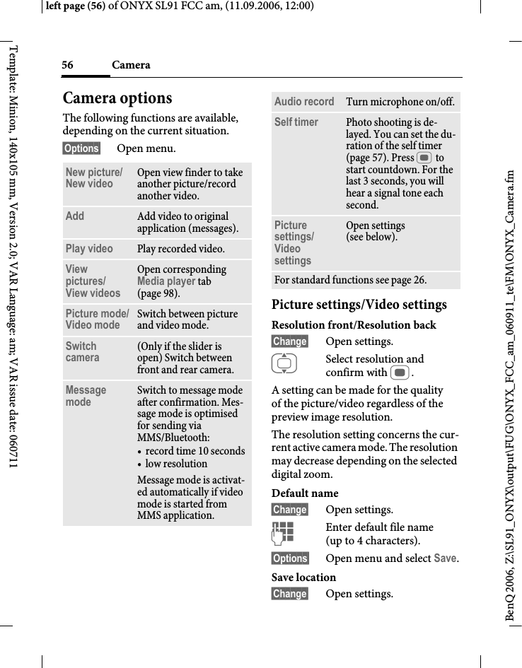 Page 56 of BenQ Mobile and OHG SL91 GSM 900/1800/1900, UMTS Mobile Phone with BT User Manual ONYX FUG