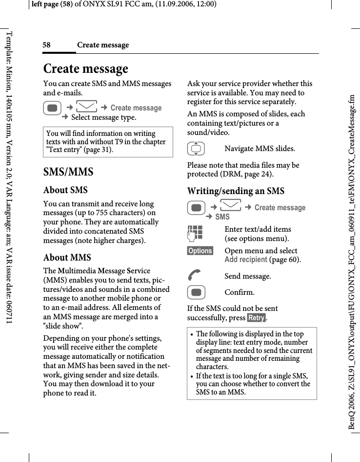 Page 58 of BenQ Mobile and OHG SL91 GSM 900/1800/1900, UMTS Mobile Phone with BT User Manual ONYX FUG