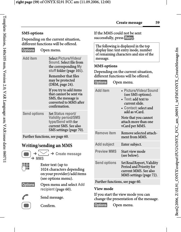 Page 59 of BenQ Mobile and OHG SL91 GSM 900/1800/1900, UMTS Mobile Phone with BT User Manual ONYX FUG