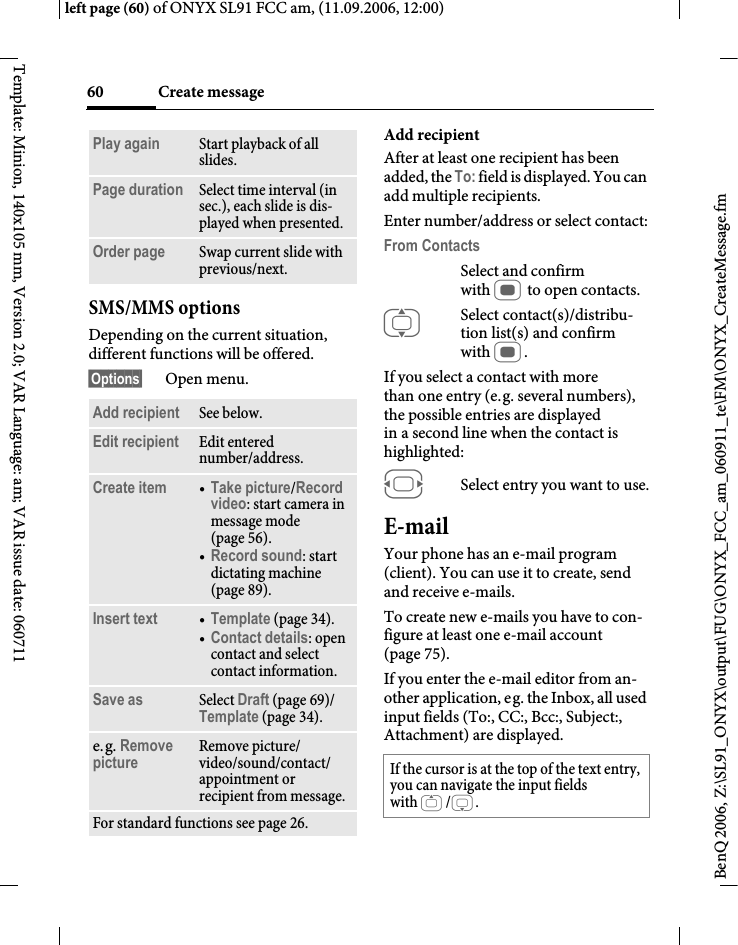 Page 60 of BenQ Mobile and OHG SL91 GSM 900/1800/1900, UMTS Mobile Phone with BT User Manual ONYX FUG