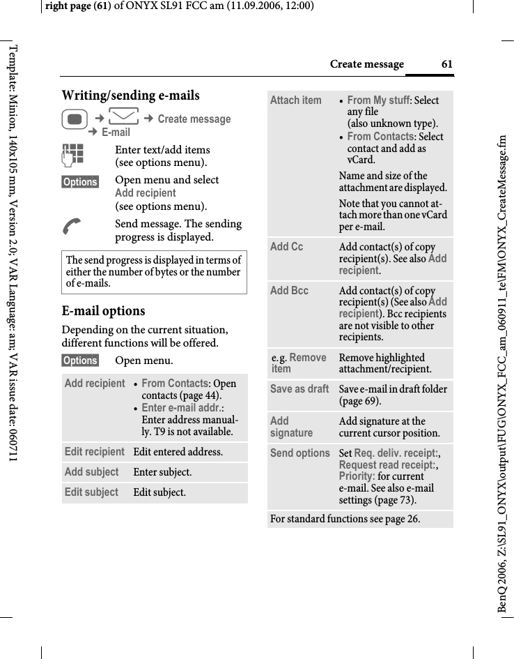 Page 61 of BenQ Mobile and OHG SL91 GSM 900/1800/1900, UMTS Mobile Phone with BT User Manual ONYX FUG