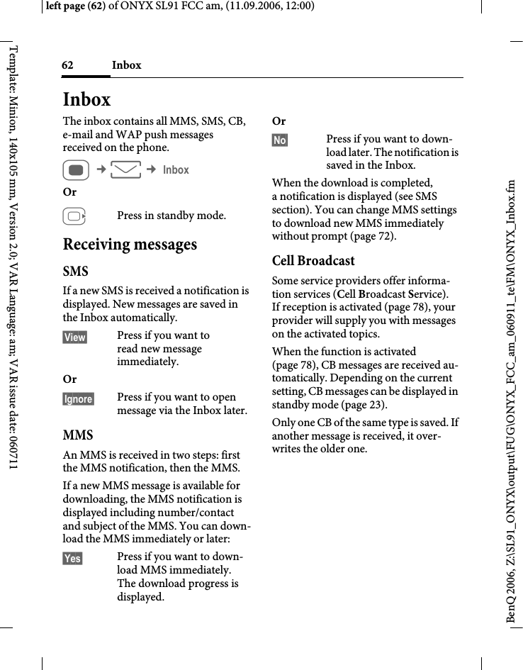 Page 62 of BenQ Mobile and OHG SL91 GSM 900/1800/1900, UMTS Mobile Phone with BT User Manual ONYX FUG