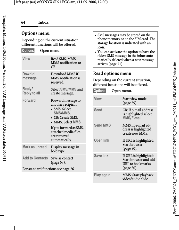 Page 64 of BenQ Mobile and OHG SL91 GSM 900/1800/1900, UMTS Mobile Phone with BT User Manual ONYX FUG
