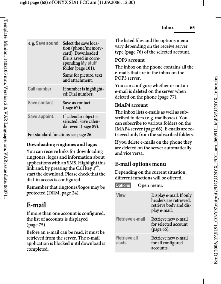 Page 65 of BenQ Mobile and OHG SL91 GSM 900/1800/1900, UMTS Mobile Phone with BT User Manual ONYX FUG