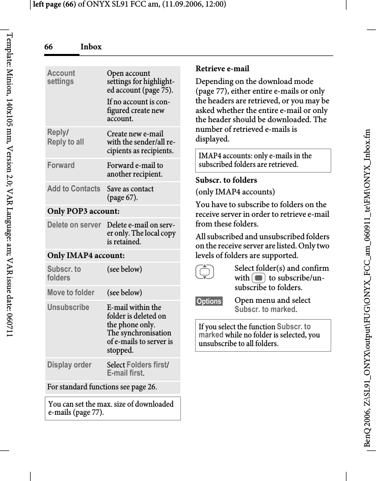 Page 66 of BenQ Mobile and OHG SL91 GSM 900/1800/1900, UMTS Mobile Phone with BT User Manual ONYX FUG