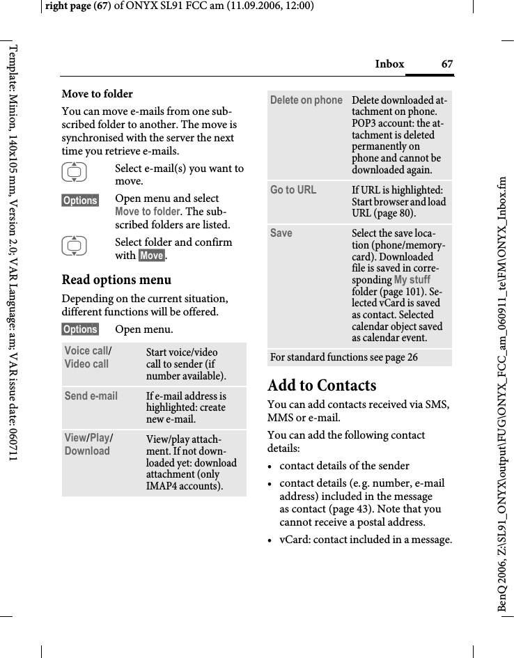 Page 67 of BenQ Mobile and OHG SL91 GSM 900/1800/1900, UMTS Mobile Phone with BT User Manual ONYX FUG