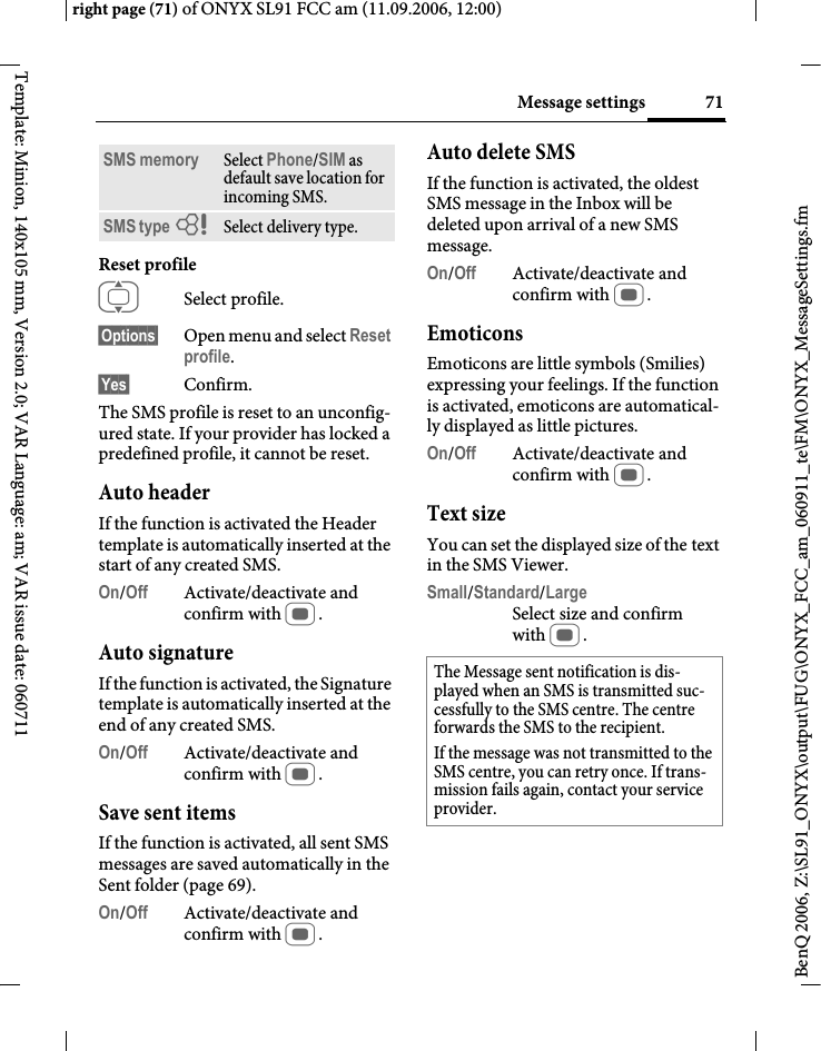Page 71 of BenQ Mobile and OHG SL91 GSM 900/1800/1900, UMTS Mobile Phone with BT User Manual ONYX FUG