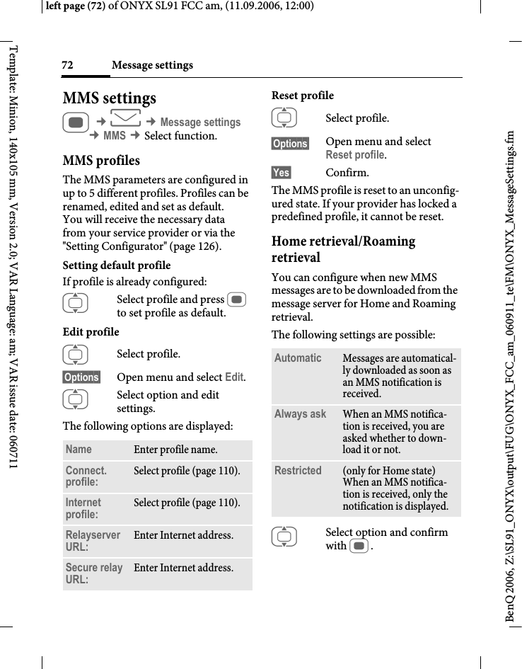 Page 72 of BenQ Mobile and OHG SL91 GSM 900/1800/1900, UMTS Mobile Phone with BT User Manual ONYX FUG