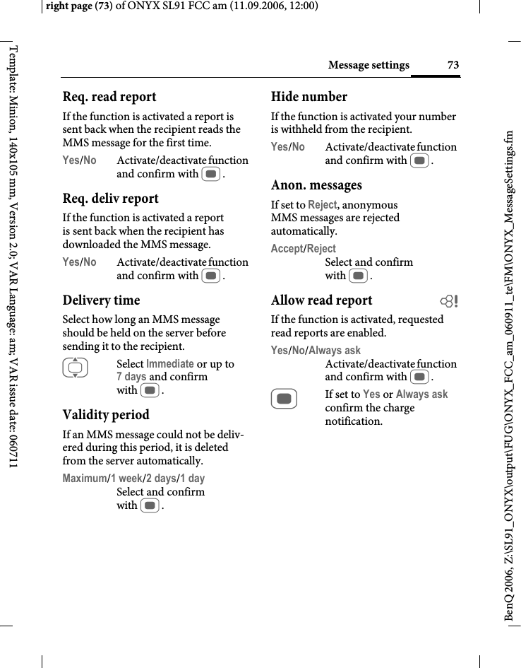 Page 73 of BenQ Mobile and OHG SL91 GSM 900/1800/1900, UMTS Mobile Phone with BT User Manual ONYX FUG