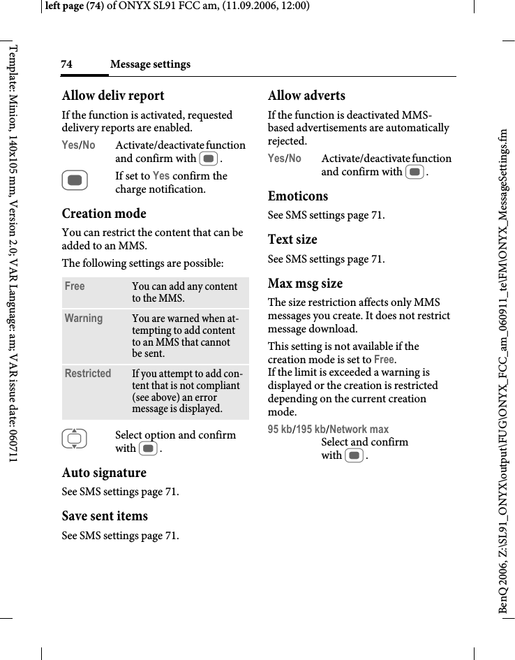 Page 74 of BenQ Mobile and OHG SL91 GSM 900/1800/1900, UMTS Mobile Phone with BT User Manual ONYX FUG