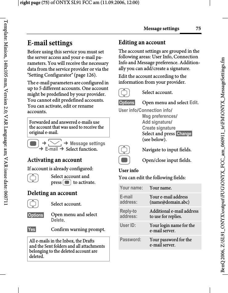 Page 75 of BenQ Mobile and OHG SL91 GSM 900/1800/1900, UMTS Mobile Phone with BT User Manual ONYX FUG