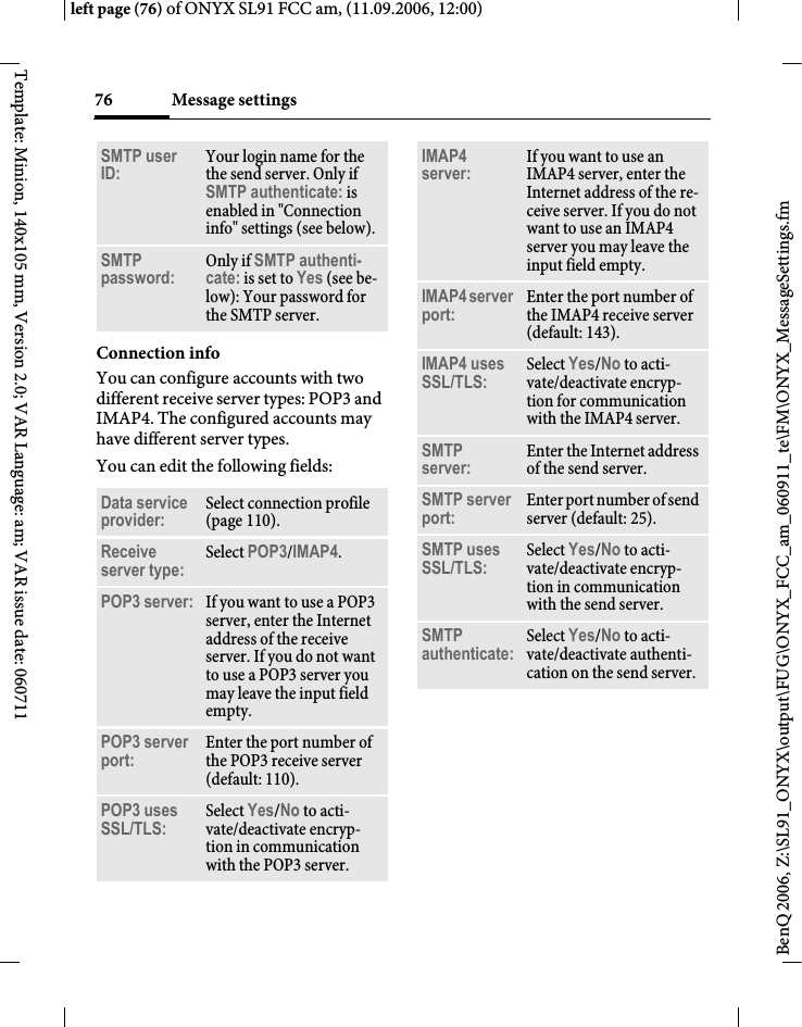 Page 76 of BenQ Mobile and OHG SL91 GSM 900/1800/1900, UMTS Mobile Phone with BT User Manual ONYX FUG