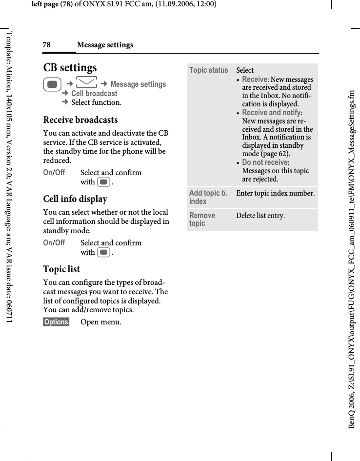 Page 78 of BenQ Mobile and OHG SL91 GSM 900/1800/1900, UMTS Mobile Phone with BT User Manual ONYX FUG