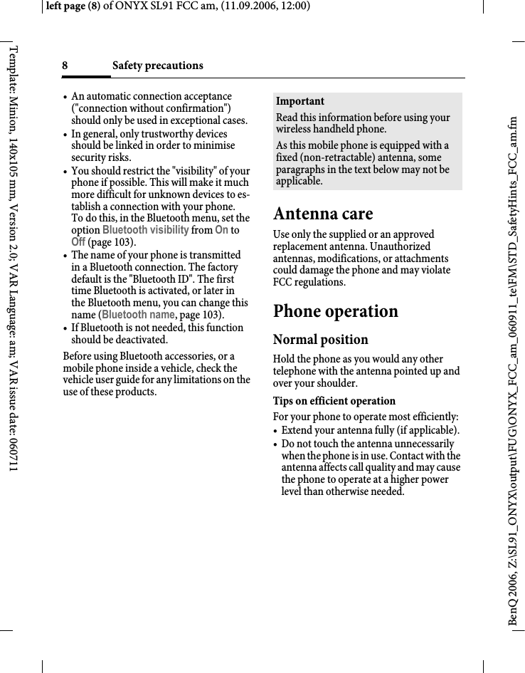 Page 8 of BenQ Mobile and OHG SL91 GSM 900/1800/1900, UMTS Mobile Phone with BT User Manual ONYX FUG