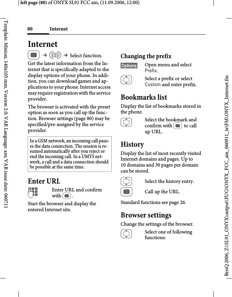 Page 80 of BenQ Mobile and OHG SL91 GSM 900/1800/1900, UMTS Mobile Phone with BT User Manual ONYX FUG