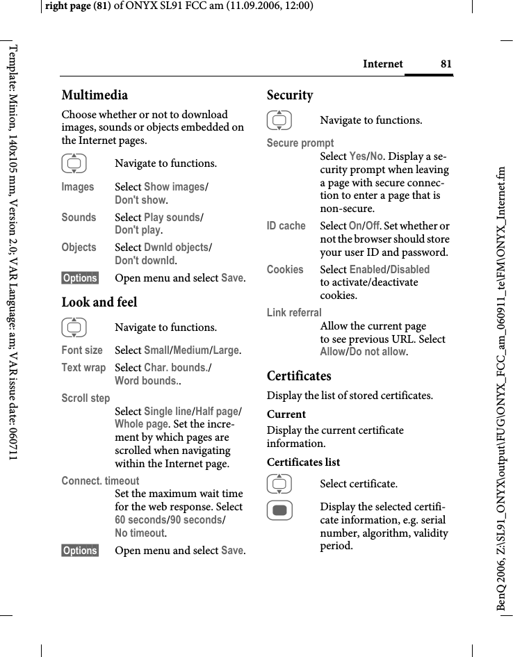 Page 81 of BenQ Mobile and OHG SL91 GSM 900/1800/1900, UMTS Mobile Phone with BT User Manual ONYX FUG