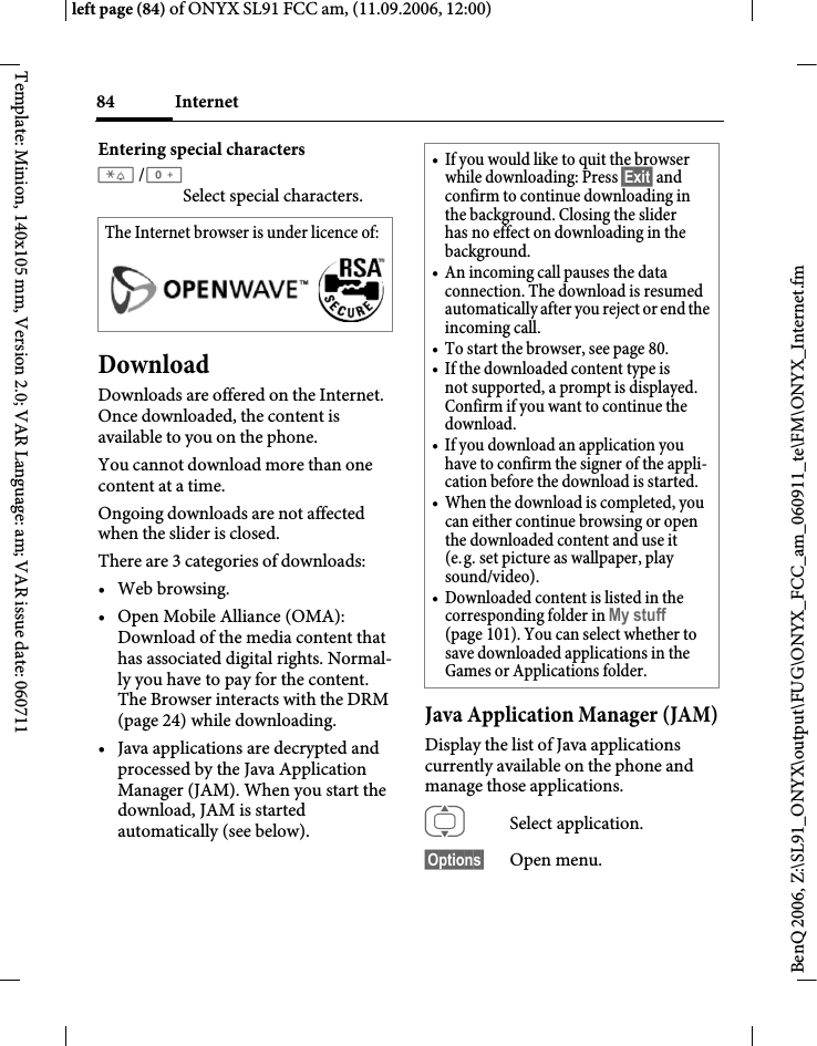 Page 84 of BenQ Mobile and OHG SL91 GSM 900/1800/1900, UMTS Mobile Phone with BT User Manual ONYX FUG