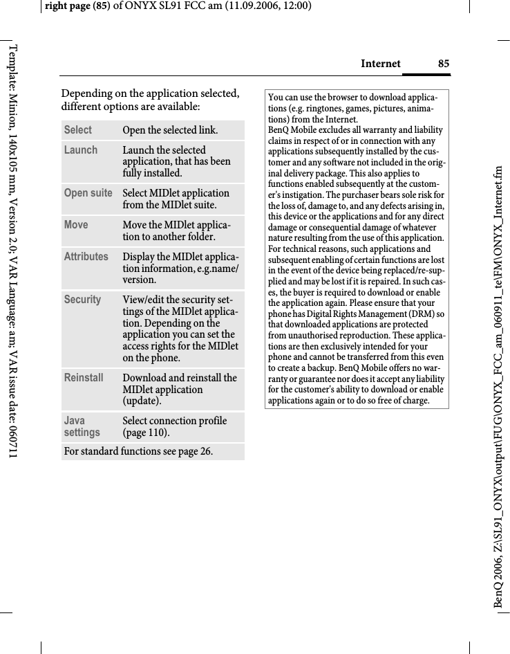 Page 85 of BenQ Mobile and OHG SL91 GSM 900/1800/1900, UMTS Mobile Phone with BT User Manual ONYX FUG