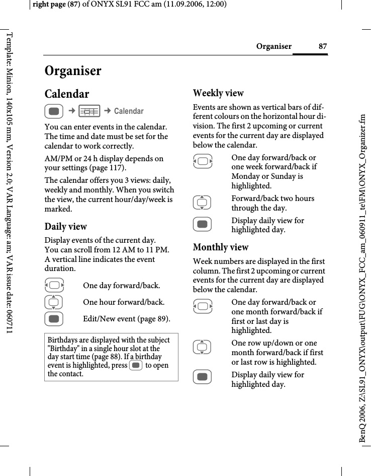 Page 87 of BenQ Mobile and OHG SL91 GSM 900/1800/1900, UMTS Mobile Phone with BT User Manual ONYX FUG
