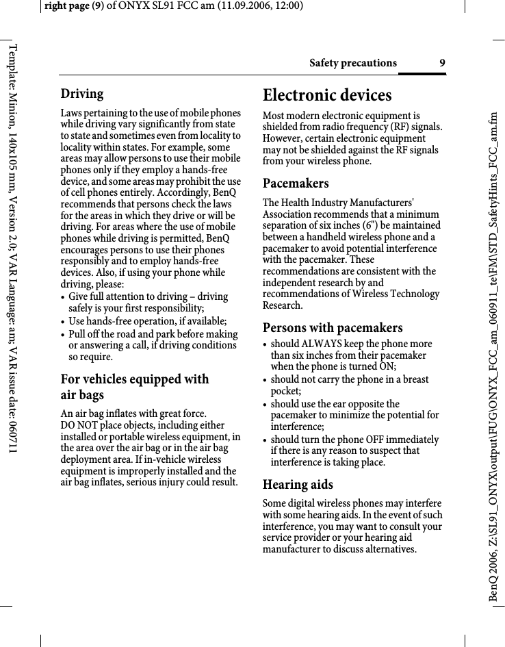 Page 9 of BenQ Mobile and OHG SL91 GSM 900/1800/1900, UMTS Mobile Phone with BT User Manual ONYX FUG