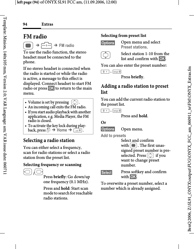 Page 94 of BenQ Mobile and OHG SL91 GSM 900/1800/1900, UMTS Mobile Phone with BT User Manual ONYX FUG