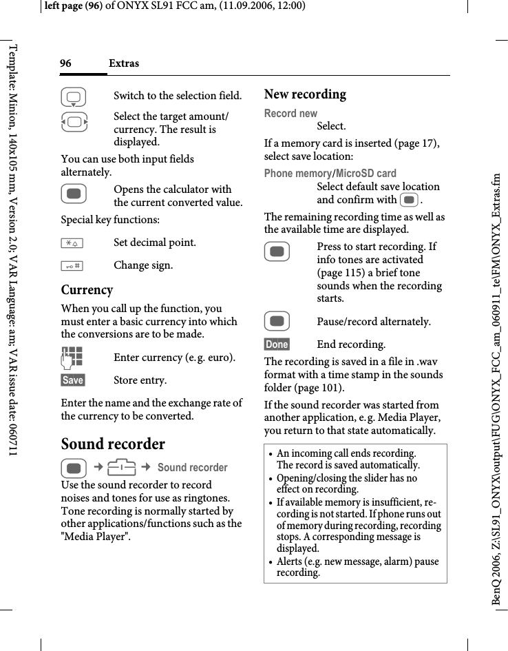 Page 96 of BenQ Mobile and OHG SL91 GSM 900/1800/1900, UMTS Mobile Phone with BT User Manual ONYX FUG