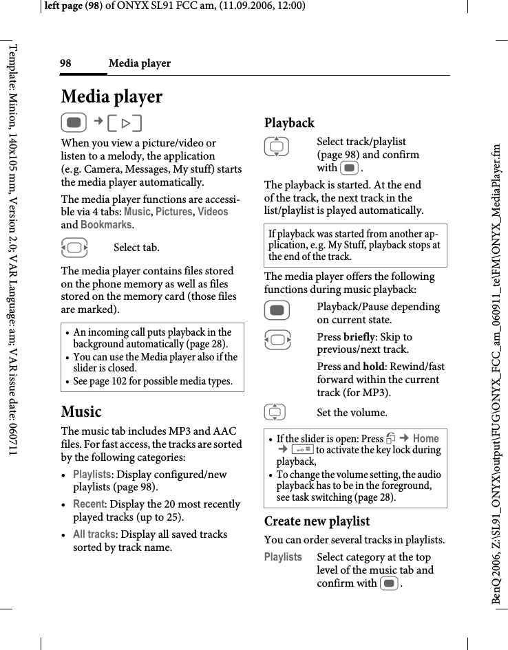 Page 98 of BenQ Mobile and OHG SL91 GSM 900/1800/1900, UMTS Mobile Phone with BT User Manual ONYX FUG