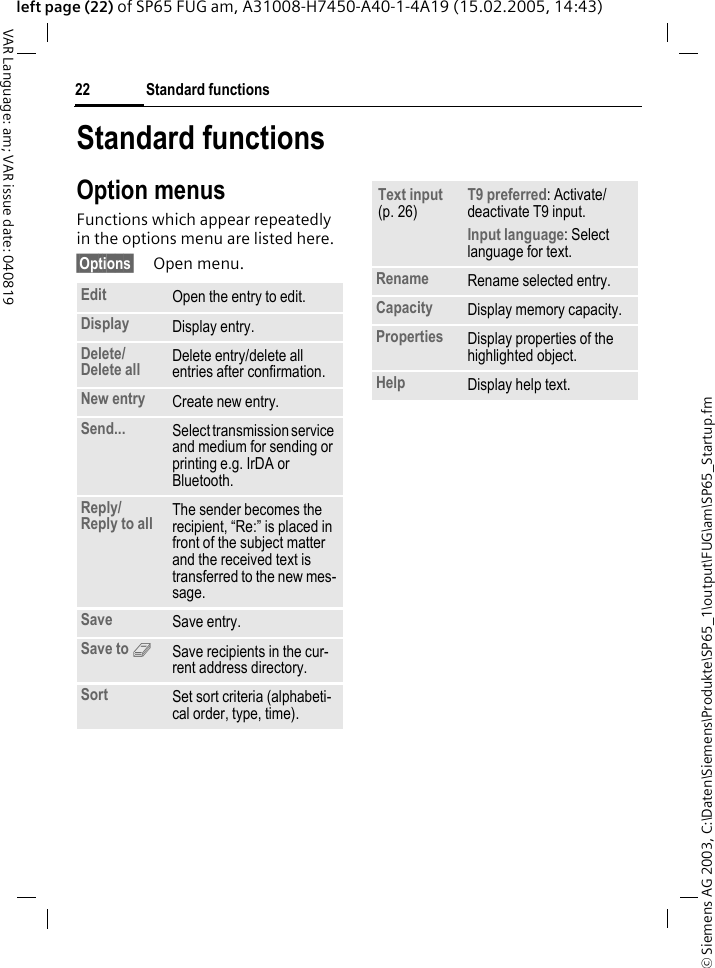 &copy; Siemens AG 2003, C:\Daten\Siemens\Produkte\SP65_1\output\FUG\am\SP65_Startup.fmStandard functions22VAR Language: am; VAR issue date: 040819left page (22) of SP65 FUG am, A31008-H7450-A40-1-4A19 (15.02.2005, 14:43)Standard functionsOption menusFunctions which appear repeatedly in the options menu are listed here.&sect;Options&sect; Open menu.Edit Open the entry to edit.Display Display entry.Delete/Delete all Delete entry/delete all entries after confirmation.New entry Create new entry.Send... Select transmission service and medium for sending or printing e.g. IrDA or Bluetooth.Reply/Reply to all The sender becomes the recipient, &ldquo;Re:&rdquo; is placed in front of the subject matter and the received text is transferred to the new mes-sage.Save Save entry.Save to 9Save recipients in the cur-rent address directory.Sort Set sort criteria (alphabeti-cal order, type, time).Text input (p. 26)T9 preferred: Activate/deactivate T9 input.Input language: Select language for text.Rename Rename selected entry.Capacity Display memory capacity.Properties Display properties of the highlighted object.Help Display help text.