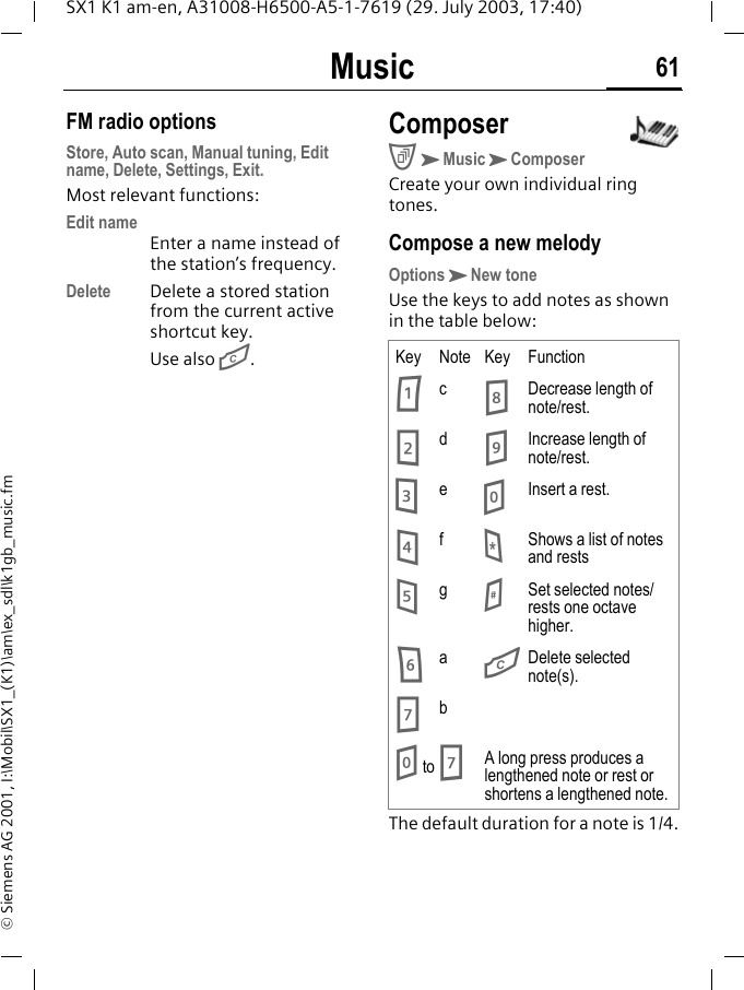 Music 61SX1 K1 am-en, A31008-H6500-A5-1-7619 (29. July 2003, 17:40)&copy; Siemens AG 2001, I:\Mobil\SX1_(K1)\am\ex_sdl\k1gb_music.fmFM radio optionsStore, Auto scan, Manual tuning, Edit name, Delete, Settings, Exit.Most relevant functions:Edit nameEnter a name instead of the station&rsquo;s frequency.Delete Delete a stored station from the current active shortcut key. Use also G.ComposerCKMusicKComposerCreate your own individual ring tones. Compose a new melodyOptionsKNew toneUse the keys to add notes as shown in the table below: The default duration for a note is 1/4.Key Note Key Function1c8Decrease length of note/rest.2d9Increase length of note/rest.3e0Insert a rest.4f*Shows a list of notes and rests5g#Set selected notes/rests one octave higher.6aGDelete selected note(s).7b0 to 7A long press produces a lengthened note or rest or shortens a lengthened note.