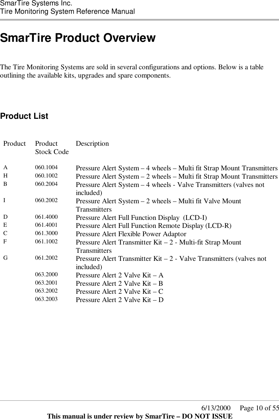  SmarTire Systems Inc.  Tire Monitoring System Reference Manual      6/13/2000     Page 10 of 55 This manual is under review by SmarTire – DO NOT ISSUE SmarTire Product Overview   The Tire Monitoring Systems are sold in several configurations and options. Below is a table outlining the available kits, upgrades and spare components.   Product List   Product  Product Stock Code  Description      A 060.1004 Pressure Alert System – 4 wheels – Multi fit Strap Mount Transmitters H 060.1002 Pressure Alert System – 2 wheels – Multi fit Strap Mount Transmitters B 060.2004 Pressure Alert System – 4 wheels - Valve Transmitters (valves not included)  I 060.2002 Pressure Alert System – 2 wheels – Multi fit Valve Mount Transmitters D 061.4000 Pressure Alert Full Function Display  (LCD-I) E 061.4001 Pressure Alert Full Function Remote Display (LCD-R) C 061.3000 Pressure Alert Flexible Power Adaptor F 061.1002 Pressure Alert Transmitter Kit – 2 - Multi-fit Strap Mount Transmitters G 061.2002 Pressure Alert Transmitter Kit – 2 - Valve Transmitters (valves not included)  063.2000 Pressure Alert 2 Valve Kit – A   063.2001 Pressure Alert 2 Valve Kit – B  063.2002 Pressure Alert 2 Valve Kit – C  063.2003 Pressure Alert 2 Valve Kit – D  