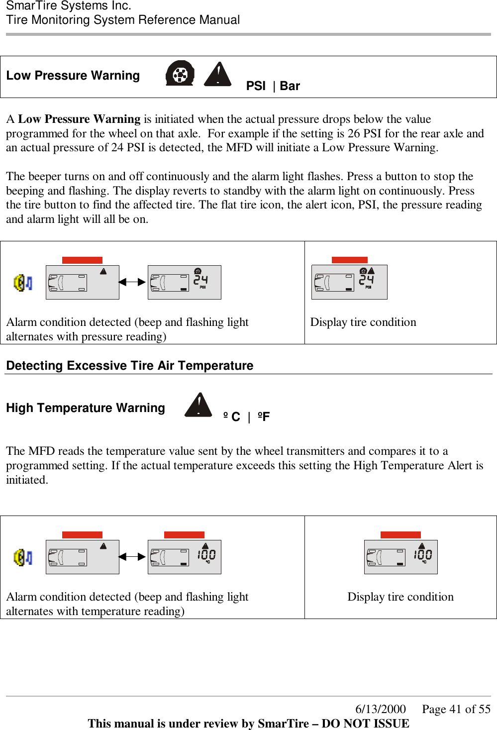  SmarTire Systems Inc.  Tire Monitoring System Reference Manual      6/13/2000     Page 41 of 55 This manual is under review by SmarTire – DO NOT ISSUE  Low Pressure Warning    PSI  | Bar  A Low Pressure Warning is initiated when the actual pressure drops below the value programmed for the wheel on that axle.  For example if the setting is 26 PSI for the rear axle and an actual pressure of 24 PSI is detected, the MFD will initiate a Low Pressure Warning.   The beeper turns on and off continuously and the alarm light flashes. Press a button to stop the beeping and flashing. The display reverts to standby with the alarm light on continuously. Press the tire button to find the affected tire. The flat tire icon, the alert icon, PSI, the pressure reading and alarm light will all be on.                 Alarm condition detected (beep and flashing light alternates with pressure reading)    Display tire condition  Detecting Excessive Tire Air Temperature  High Temperature Warning   º C  |  ºF    The MFD reads the temperature value sent by the wheel transmitters and compares it to a programmed setting. If the actual temperature exceeds this setting the High Temperature Alert is initiated.                  Alarm condition detected (beep and flashing light alternates with temperature reading)    Display tire condition     