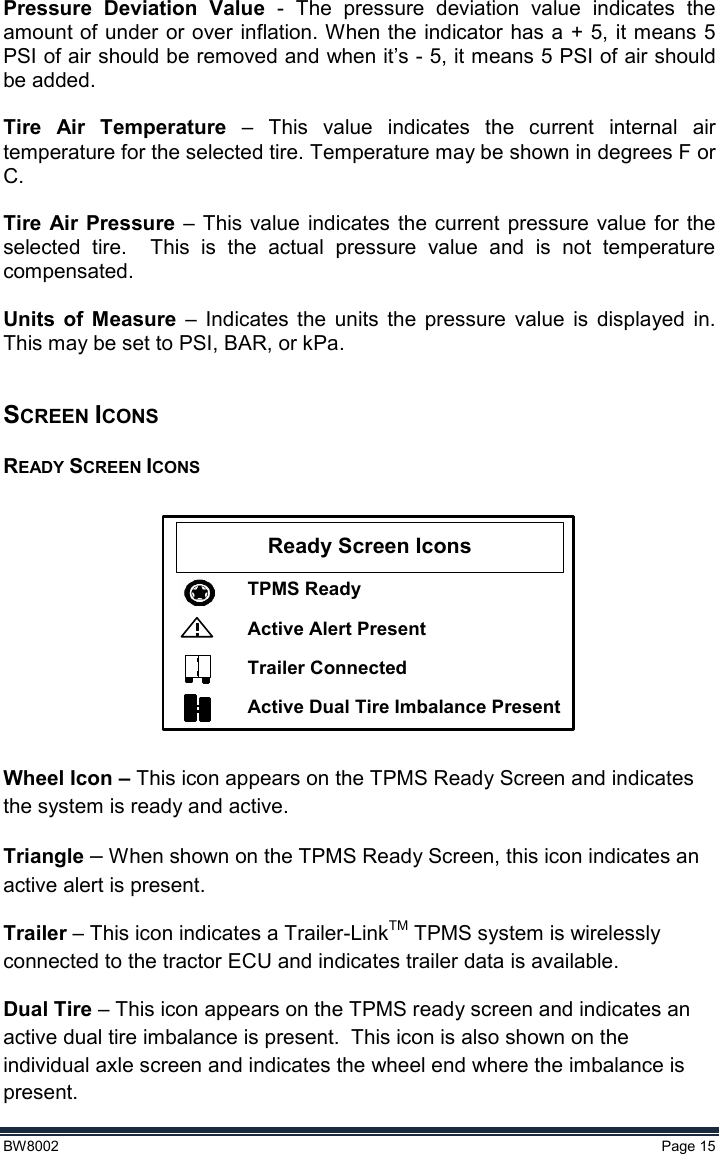  BW8002  Page 15  Pressure  Deviation  Value  -  The  pressure  deviation  value  indicates  the amount of under or over inflation. When the indicator has a + 5, it means 5 PSI of air should be removed and when it’s - 5, it means 5 PSI of air should be added.  Tire  Air  Temperature –  This  value  indicates  the  current  internal  air temperature for the selected tire. Temperature may be shown in degrees F or C.  Tire  Air Pressure –  This  value  indicates the current pressure value  for  the selected  tire.  This  is  the  actual  pressure  value  and  is  not  temperature compensated.    Units  of  Measure  –  Indicates  the  units  the  pressure  value  is  displayed  in.  This may be set to PSI, BAR, or kPa. Operation  SCREEN ICONS READY SCREEN ICONS  Ready Screen IconsTPMS ReadyActive Alert PresentTrailer ConnectedActive Dual Tire Imbalance Present  Wheel Icon – This icon appears on the TPMS Ready Screen and indicates the system is ready and active. Triangle – When shown on the TPMS Ready Screen, this icon indicates an active alert is present.   Trailer – This icon indicates a Trailer-LinkTM TPMS system is wirelessly connected to the tractor ECU and indicates trailer data is available. Dual Tire – This icon appears on the TPMS ready screen and indicates an active dual tire imbalance is present.  This icon is also shown on the individual axle screen and indicates the wheel end where the imbalance is present.   