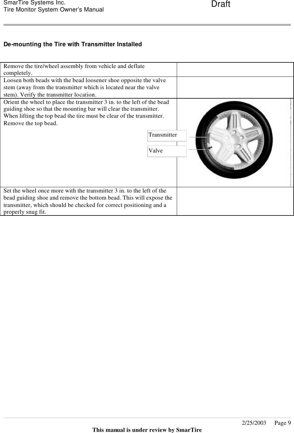 SmarTire Systems Inc.  Tire Monitor System Owner’s Manual Draft       2/25/2003     Page 9 This manual is under review by SmarTire  De-mounting the Tire with Transmitter Installed  Remove the tire/wheel assembly from vehicle and deflate completely.  Loosen both beads with the bead loosener shoe opposite the valve stem (away from the transmitter which is located near the valve stem). Verify the transmitter location.  Orient the wheel to place the transmitter 3 in. to the left of the bead guiding shoe so that the mounting bar will clear the transmitter. When lifting the top bead the tire must be clear of the transmitter. Remove the top bead.  Set the wheel once more with the transmitter 3 in. to the left of the bead guiding shoe and remove the bottom bead. This will expose the transmitter, which should be checked for correct positioning and a properly snug fit.   Transmitter Valve 