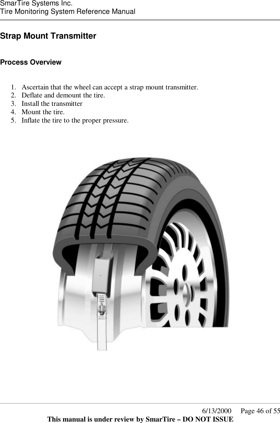  SmarTire Systems Inc.  Tire Monitoring System Reference Manual      6/13/2000     Page 46 of 55 This manual is under review by SmarTire – DO NOT ISSUE Strap Mount Transmitter  Process Overview  1.  Ascertain that the wheel can accept a strap mount transmitter. 2.  Deflate and demount the tire. 3.  Install the transmitter 4.  Mount the tire. 5.  Inflate the tire to the proper pressure.       