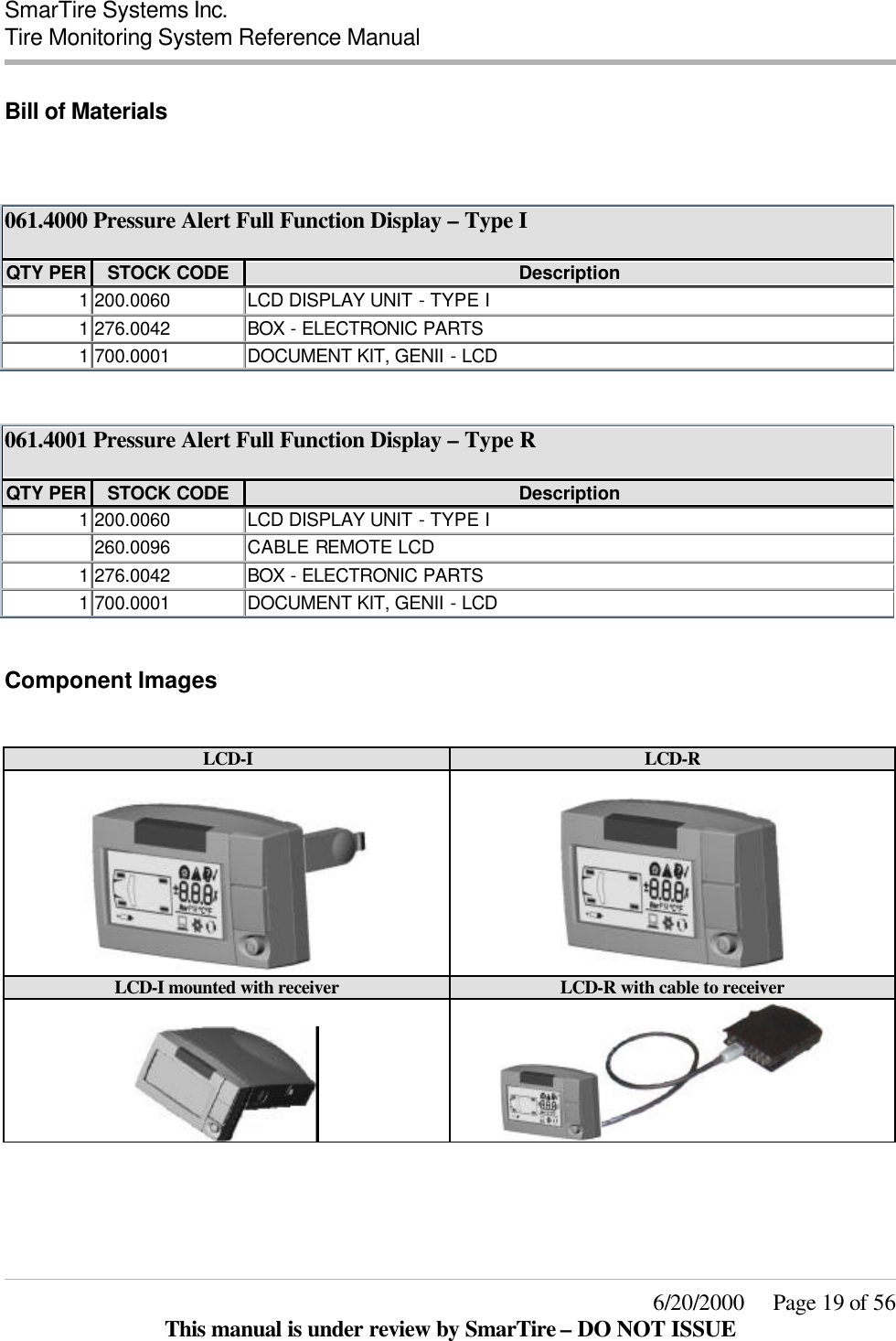  SmarTire Systems Inc.  Tire Monitoring System Reference Manual     6/20/2000     Page 19 of 56 This manual is under review by SmarTire – DO NOT ISSUE Bill of Materials   061.4000 Pressure Alert Full Function Display – Type I  QTY PER STOCK CODE Description 1 200.0060 LCD DISPLAY UNIT - TYPE I 1 276.0042 BOX  - ELECTRONIC PARTS 1 700.0001 DOCUMENT KIT, GENII - LCD   061.4001 Pressure Alert Full Function Display – Type R  QTY PER STOCK CODE Description 1 200.0060 LCD DISPLAY UNIT - TYPE I  260.0096 CABLE REMOTE LCD 1 276.0042 BOX  - ELECTRONIC PARTS 1 700.0001 DOCUMENT KIT, GENII - LCD  Component Images  LCD-I LCD-R     LCD-I mounted with receiver LCD-R with cable to receiver      