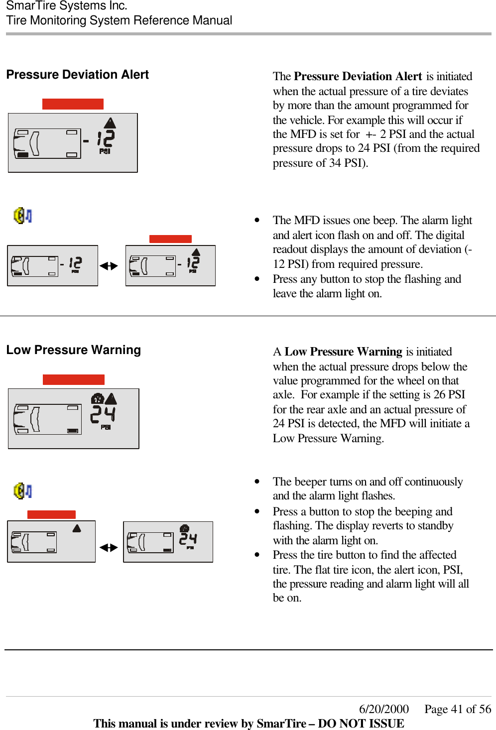  SmarTire Systems Inc.  Tire Monitoring System Reference Manual     6/20/2000     Page 41 of 56 This manual is under review by SmarTire – DO NOT ISSUE  Pressure Deviation Alert   The Pressure Deviation Alert is initiated when the actual pressure of a tire deviates by more than the amount programmed for the vehicle. For example this will occur if the MFD is set for  +- 2 PSI and the actual pressure drops to 24 PSI (from the required pressure of 34 PSI).                 • The MFD issues one beep. The alarm light and alert icon flash on and off. The digital readout displays the amount of deviation (-12 PSI) from required pressure.  • Press any button to stop the flashing and leave the alarm light on.  Low Pressure Warning   A Low Pressure Warning is initiated when the actual pressure drops below the value programmed for the wheel on that axle.  For example if the setting is 26 PSI for the rear axle and an actual pressure of 24 PSI is detected, the MFD will initiate a Low Pressure Warning.                   • The beeper turns on and off continuously and the alarm light flashes.  • Press a button to stop the beeping and flashing. The display reverts to standby with the alarm light on.  • Press the tire button to find the affected tire. The flat tire icon, the alert icon, PSI, the pressure reading and alarm light will all be on.    