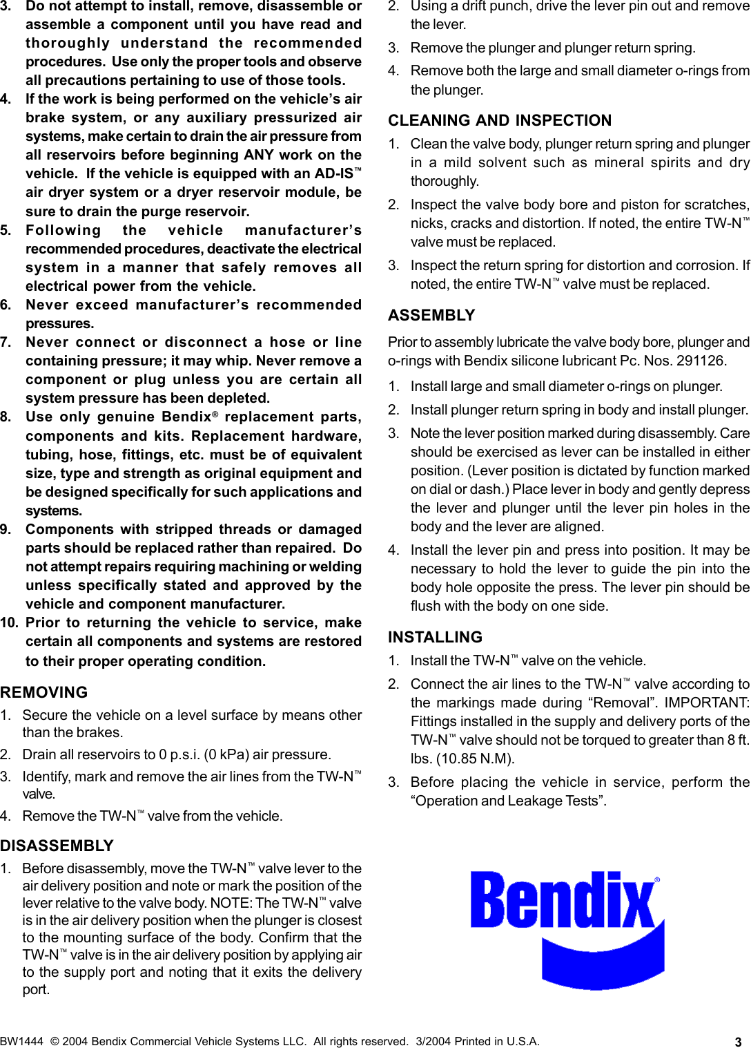 Bendix Bw1444 Users Manual Sd033672