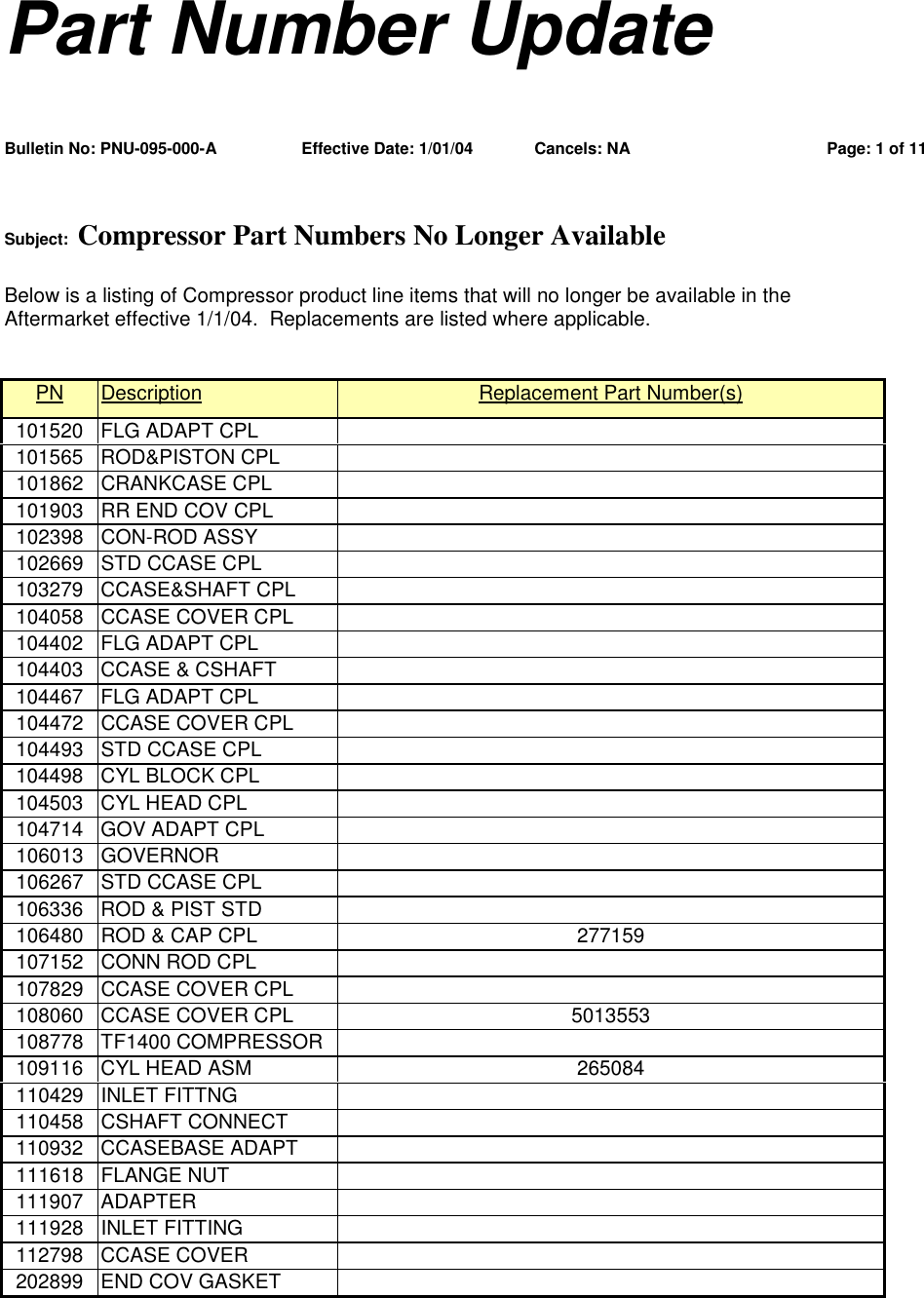 Page 1 of 11 - Bendix Bendix-Pnu-095-Users-Manual- Part Number Update  Bendix-pnu-095-users-manual