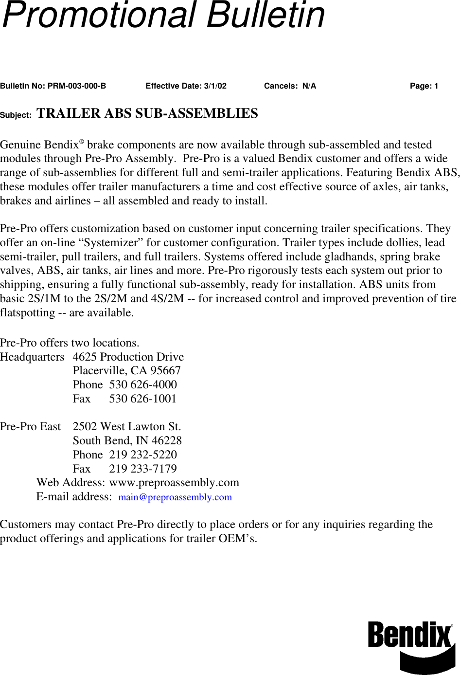 Page 1 of 1 - Bendix Bendix-Prm-03-00-B-Users-Manual PRM-003-000 B