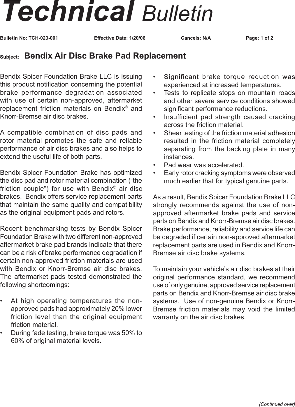 Page 1 of 2 - Bendix Bendix-Tch-023-001-Users-Manual- 023-001  Bendix-tch-023-001-users-manual