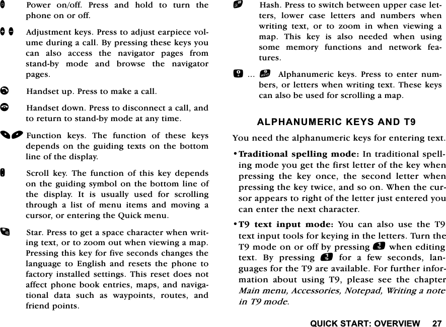 48,&amp;.67$5729(59,(:3RZHU RQRII 3UHVV DQG KROG WR WXUQ WKHSKRQHRQRURII!$GMXVWPHQWNH\V3UHVVWRDGMXVWHDUSLHFHYROXPHGXULQJDFDOO%\SUHVVLQJWKHVHNH\V\RXFDQ DOVR DFFHVV WKH QDYLJDWRU SDJHV IURPVWDQGE\ PRGH DQG EURZVH WKH QDYLJDWRUSDJHVO+DQGVHWXS3UHVVWRPDNHDFDOOF+DQGVHWGRZQ3UHVVWRGLVFRQQHFWDFDOODQGWRUHWXUQWRVWDQGE\PRGHDWDQ\WLPH )XQFWLRQ NH\V 7KH IXQFWLRQ RI WKHVH NH\VGHSHQGVRQWKHJXLGLQJWH[WVRQWKHERWWRPOLQHRIWKHGLVSOD\Q6FUROO NH\ 7KH IXQFWLRQ RI WKLV NH\ GHSHQGVRQWKHJXLGLQJV\PERORQWKHERWWRPOLQHRIWKH GLVSOD\ ,W LV XVXDOO\ XVHG IRU VFUROOLQJWKURXJKDOLVWRIPHQXLWHPVDQGPRYLQJDFXUVRURUHQWHULQJWKH4XLFNPHQX6WDU3UHVVWRJHWDVSDFHFKDUDFWHUZKHQZULWLQJWH[WRUWR]RRPRXWZKHQYLHZLQJDPDS3UHVVLQJWKLVNH\IRUILYHVHFRQGVFKDQJHVWKHODQJXDJH WR (QJOLVK DQG UHVHWV WKH SKRQH WRIDFWRU\ LQVWDOOHG VHWWLQJV 7KLVUHVHW GRHVQRWDIIHFWSKRQH ERRNHQWULHVPDSV DQG QDYLJDWLRQDOGDWDVXFKDVZD\SRLQWVURXWHVDQGIULHQGSRLQWVb+DVK3UHVVWRVZLWFKEHWZHHQXSSHUFDVHOHWWHUV ORZHU FDVH OHWWHUV DQG QXPEHUV ZKHQZULWLQJ WH[W RU WR ]RRP LQ ZKHQ YLHZLQJ DPDS 7KLV NH\ LV DOVR QHHGHG ZKHQ XVLQJVRPH PHPRU\ IXQFWLRQV DQG QHWZRUN IHDWXUHV    $OSKDQXPHULF NH\V 3UHVV WR HQWHU QXPEHUVRUOHWWHUVZKHQZULWLQJWH[W7KHVHNH\VFDQDOVREHXVHGIRUVFUROOLQJDPDS$/3+$180(5,&amp;.(<6$1'7<RXQHHGWKHDOSKDQXPHULFNH\VIRUHQWHULQJWH[W7UDGLWLRQDOVSHOOLQJPRGH,QWUDGLWLRQDOVSHOOLQJPRGH\RXJHWWKHILUVWOHWWHURIWKHNH\ZKHQSUHVVLQJWKHNH\RQFHWKHVHFRQGOHWWHUZKHQSUHVVLQJWKHNH\WZLFHDQGVRRQ:KHQWKHFXUVRUDSSHDUVWRULJKWRIWKHOHWWHUMXVWHQWHUHG\RXFDQHQWHUWKHQH[WFKDUDFWHU7 WH[W LQSXW PRGH<RXFDQDOVRXVHWKH7WH[WLQSXWWRROVIRUNH\LQJLQWKHOHWWHUV7XUQWKH7PRGHRQRURIIE\SUHVVLQJZKHQHGLWLQJWH[W %\ SUHVVLQJ IRUDIHZVHFRQGVODQJXDJHVIRUWKH7DUHDYDLODEOH)RUIXUWKHULQIRUPDWLRQ DERXW XVLQJ 7 SOHDVH VHH WKH FKDSWHU0DLQPHQX$FFHVVRULHV1RWHSDG:ULWLQJDQRWHLQ7PRGH