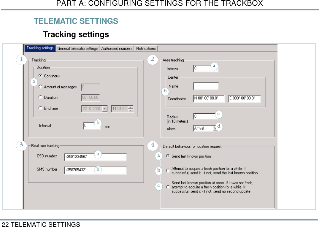 PART A: CONFIGURING SETTINGS FOR THE TRACKBOX22 TELEMATIC SETTINGSTELEMATIC SETTINGSTracking settings1ab23 4baabcdcba