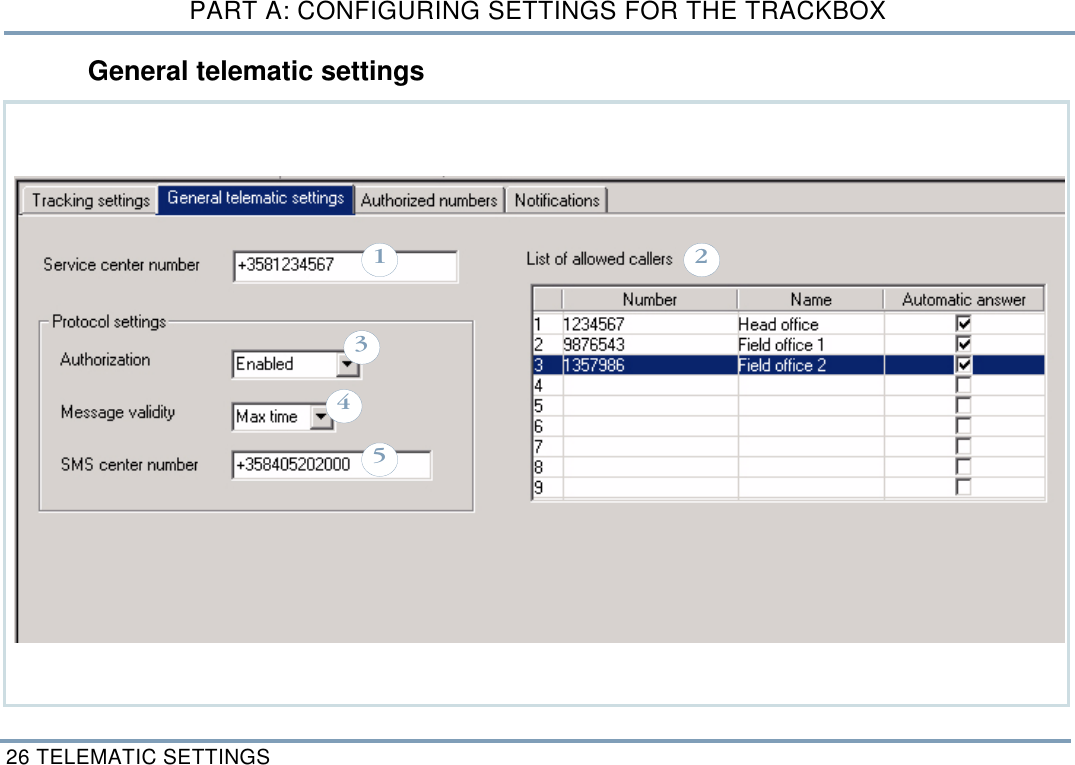 PART A: CONFIGURING SETTINGS FOR THE TRACKBOX26 TELEMATIC SETTINGSGeneral telematic settings13452
